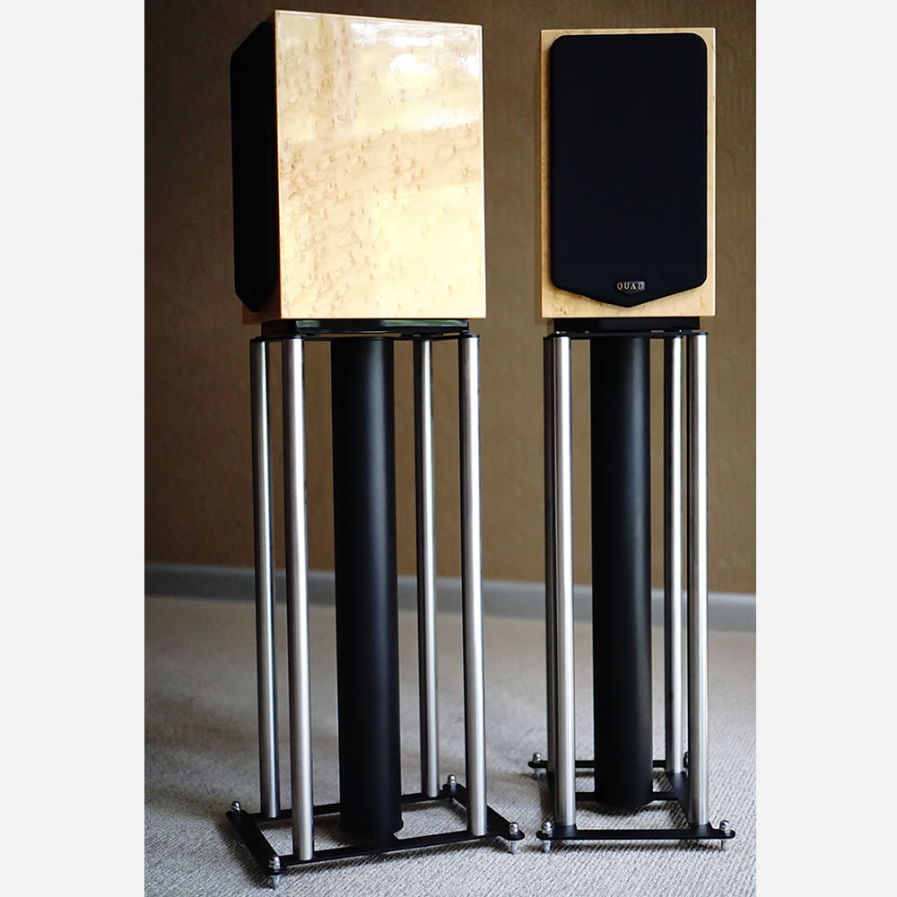 Custom Design FS 104 Signature Speaker Stands in Black and Chrome with Birdeye Maple Quad 12L2 Speakers